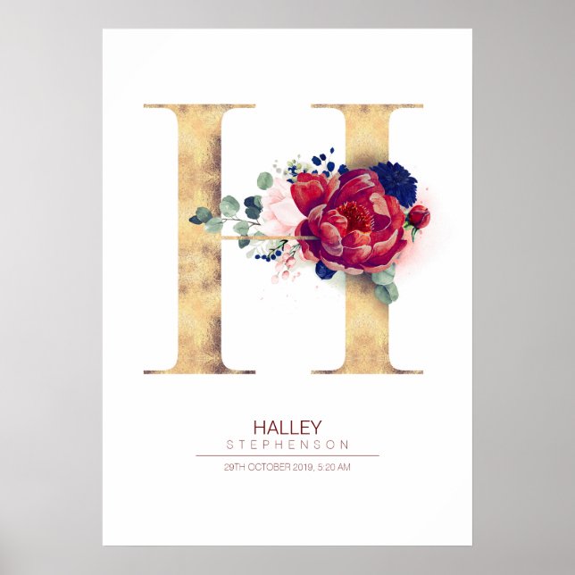 Affiche Monogramme lettre H floral bleu marine et bordeaux (Devant)