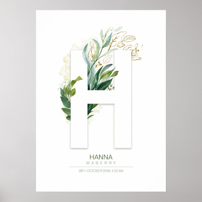 Affiche Monogramme Lettre H Or Feuillage Chic (Devant)