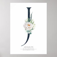 Monogramme lettre J Fleurs blanches et feuillage