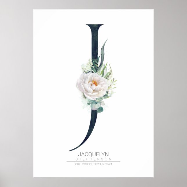 Affiche Monogramme lettre J Fleurs blanches et feuillage (Devant)