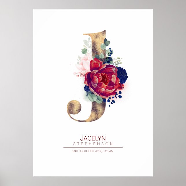 Affiche Monogramme lettre J floral bleu marine et bordeaux (Devant)