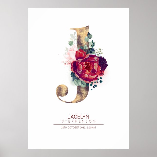 Affiche Monogramme lettre J floral bordeaux et or (Devant)