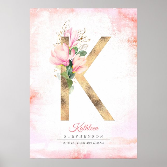 Affiche Monogramme lettre K or feuilles floral magnolia ro (Devant)
