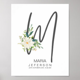 Affiche Monogramme lettre M Décor floral rose