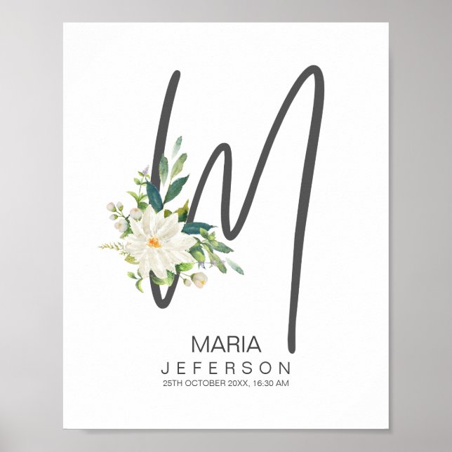 Affiche Monogramme lettre M Décor floral rose (Devant)