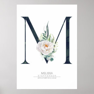 Affiche Monogramme lettre M Fleurs blanches et feuillage