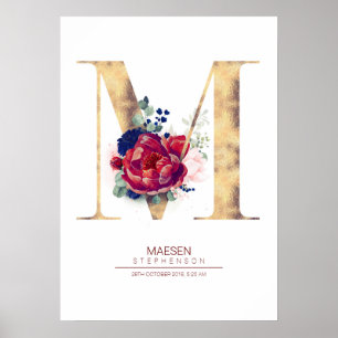 Affiche Monogramme lettre M floral bleu marine et bordeaux