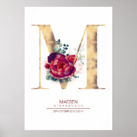 Monogramme lettre M floral bordeaux et or