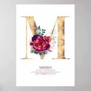 Affiche Monogramme lettre M floral bordeaux et or