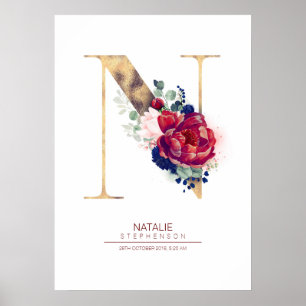 Affiche Monogramme lettre N floral bleu marine et bordeaux