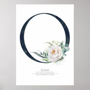 Affiche Monogramme lettre O Fleurs blanches et feuillage