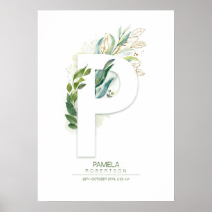 Affiche Monogramme lettre P or feuillage chic