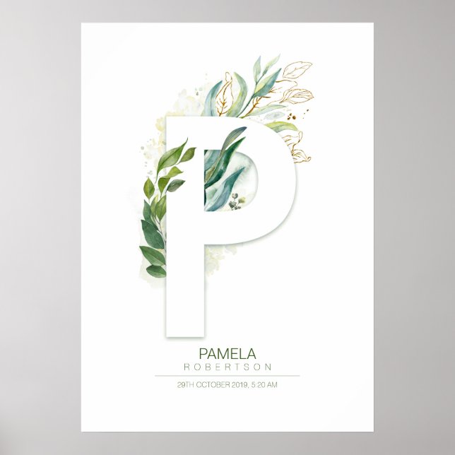 Affiche Monogramme Lettre P Or Feuillage Chic (Devant)