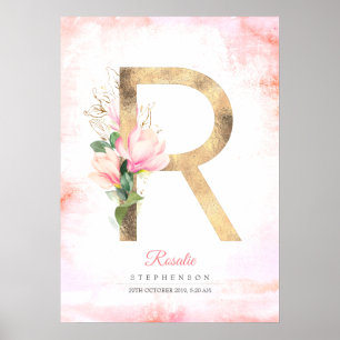 Affiche Monogramme Lettre R Feuilles Dorées Magnolia Rose 
