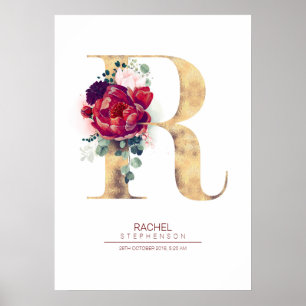 Affiche Monogramme lettre R floral bordeaux rouge et or
