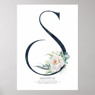Affiche Monogramme lettre S Fleurs blanches et feuillage