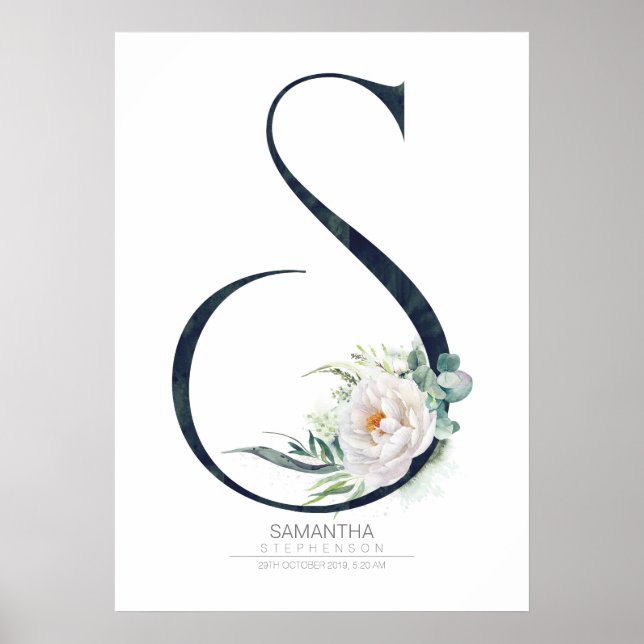 Affiche Monogramme lettre S Fleurs blanches et feuillage (Devant)