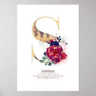 Affiche Monogramme lettre S floral bleu marine et bordeaux