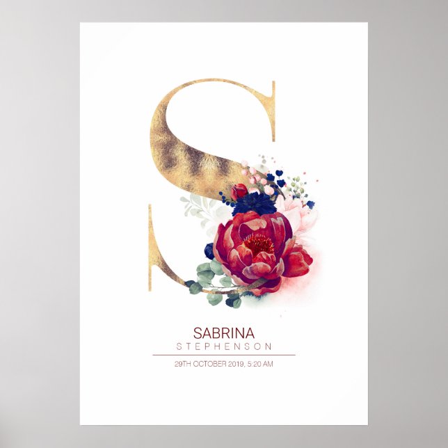 Affiche Monogramme lettre S floral bleu marine et bordeaux (Devant)