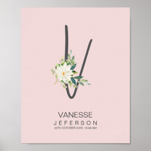Affiche Monogramme lettre V Décor floral rose
