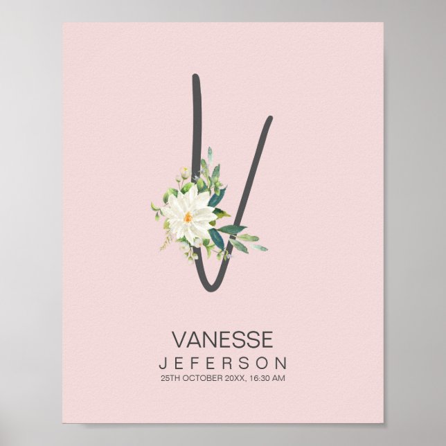 Affiche Monogramme lettre V Décor floral rose (Devant)