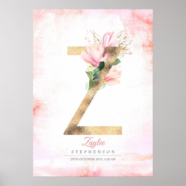 Affiche Monogramme lettre Z feuilles dorées magnolia rose  (Devant)