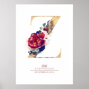 Affiche Monogramme lettre Z floral bleu marine et bordeaux