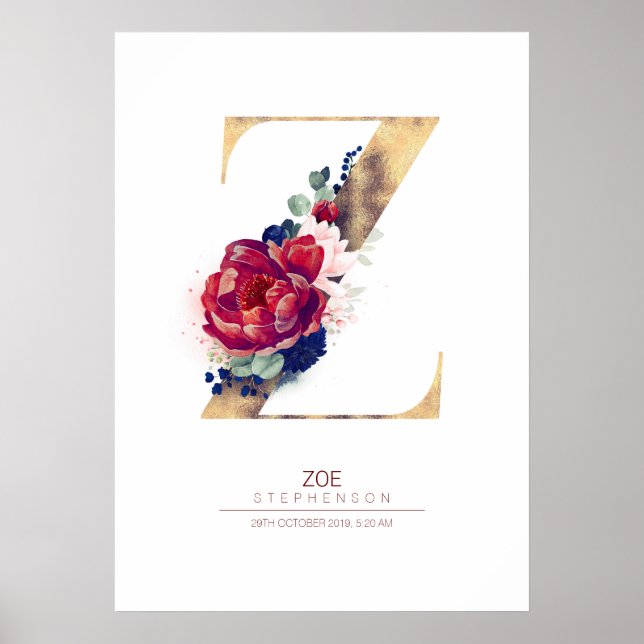 Affiche Monogramme lettre Z floral bleu marine et bordeaux (Devant)