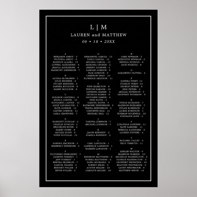Affiche Monogramme Mariage Alphabétique Noir (Devant)