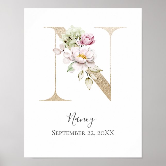 Affiche Monogramme N Rose Blanc Floral Lettre Dorée Nurser (Devant)