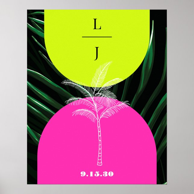 Affiche Monogramme Neon Arches Tropical Palm Tree Mariage (Devant)