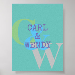 Affiche Monogramme nom bleu gris VERT élégant cadeau