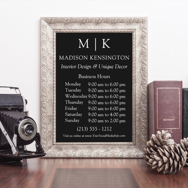 Affiche Monogramme ou ajouter un logo Heures d'affaires Pe (Edit to Customize text, colors and more)