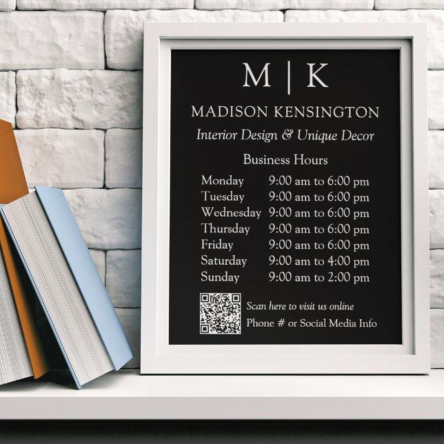Affiche Monogramme ou ajouter un logo Heures d'affaires QR (Edit to Customize text, colors and more)