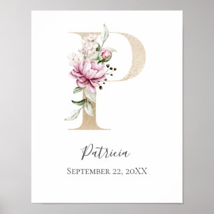 Affiche Monogramme P Rose Blanc Floral Lettre Dorée Nurser