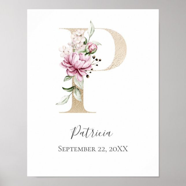 Affiche Monogramme P Rose Blanc Floral Lettre Dorée Nurser (Devant)