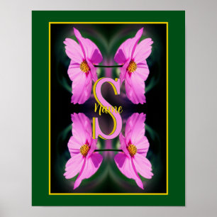 Affiche Monogramme personnalisé initial nom Cosmos rose