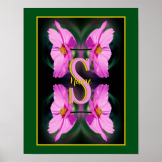 Affiche Monogramme personnalisé initial nom Cosmos rose