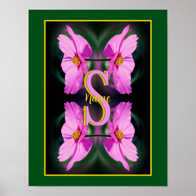 Affiche Monogramme personnalisé initial nom Cosmos rose (Devant)