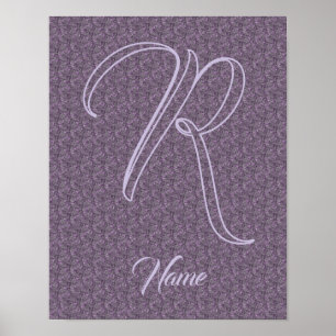 Affiche Monogramme personnalisé initial nom floral violet