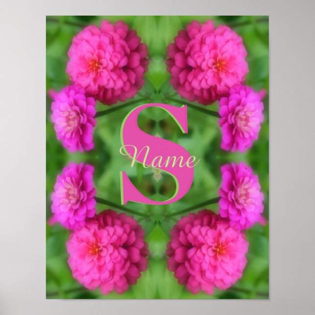 Affiche Monogramme personnalisé initial prénom Fleurs rose (Devant)
