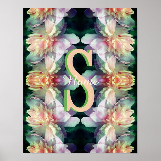 Affiche Monogramme personnalisé initiale nom art pivoine (Devant)