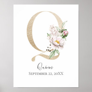 Affiche Monogramme Q Rose Blanc Floral Lettre Dorée Nurser