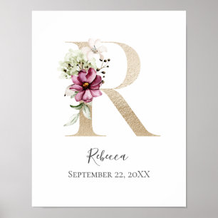 Affiche Monogramme R Rose Blanc Floral Lettre Dorée Nurser