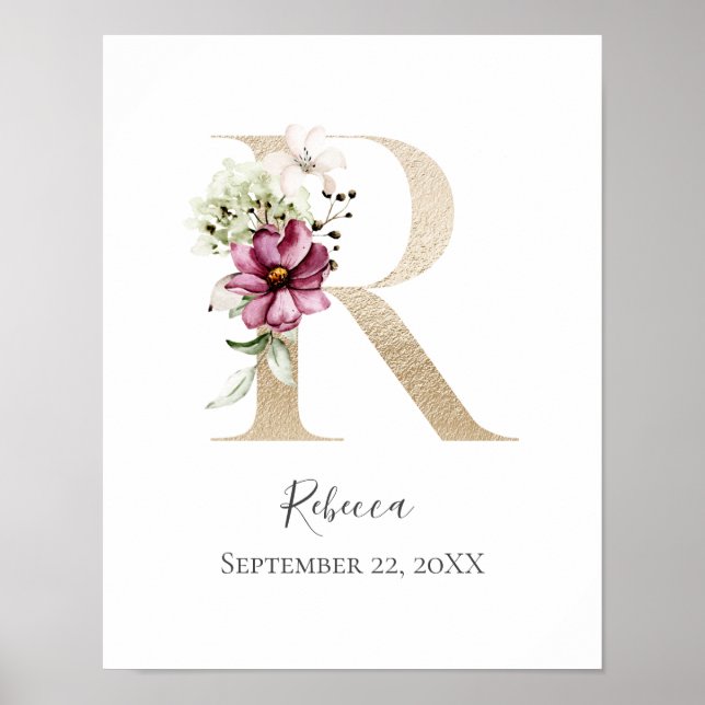 Affiche Monogramme R Rose Blanc Floral Lettre Dorée Nurser (Devant)