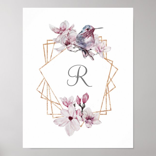 Affiche Monogramme rose blanc Magnolias Bird Gold Frame (Devant)