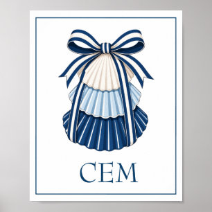 Affiche Monogramme Rubans et Coquillages Bleus et Blancs