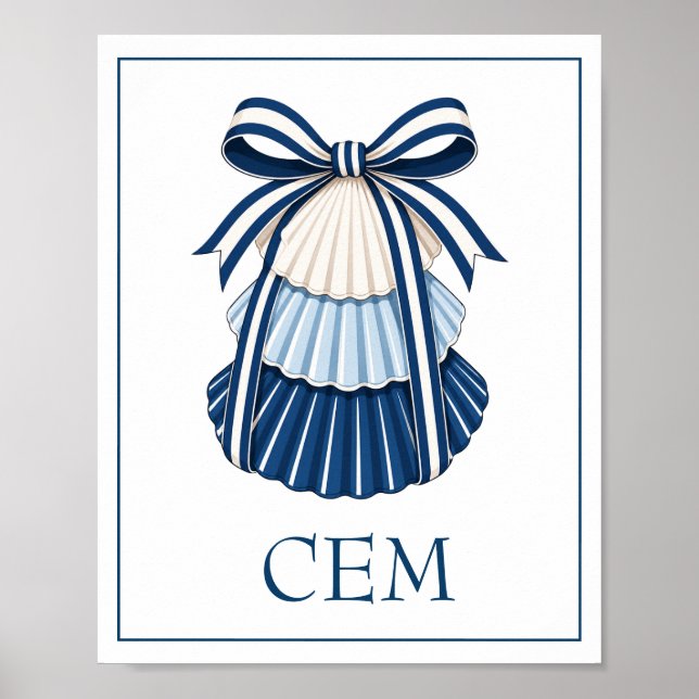 Affiche Monogramme Rubans et Coquillages Bleus et Blancs (Devant)
