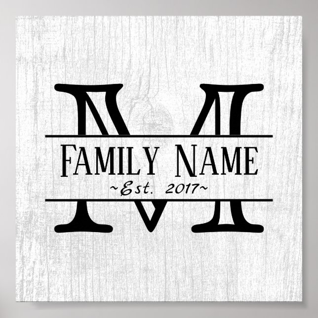 Affiche Monogramme Rustique White Wood Nom de famille (Devant)