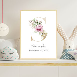 Affiche Monogramme S Rose Blanc Floral Lettre Dorée Nurser